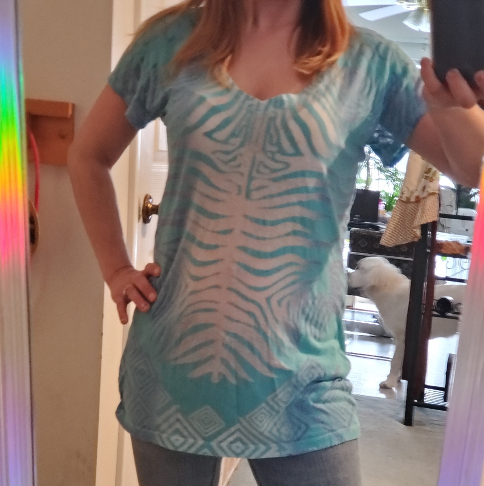 A blue purple and white type dye like shirt